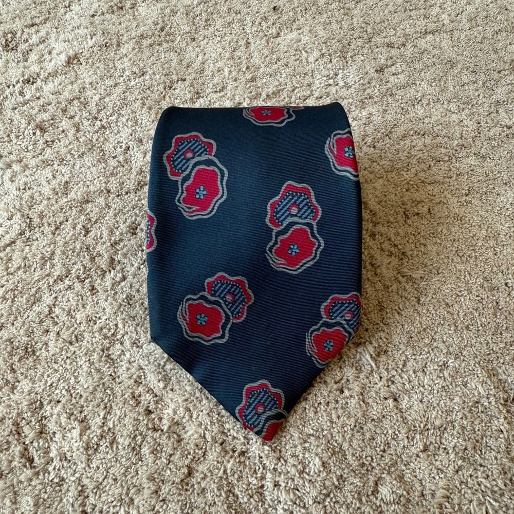 Envoy Mens Silk Tie Navy Blue Red Abstract Floral Poppy Pattern RN 20041 58x3.25